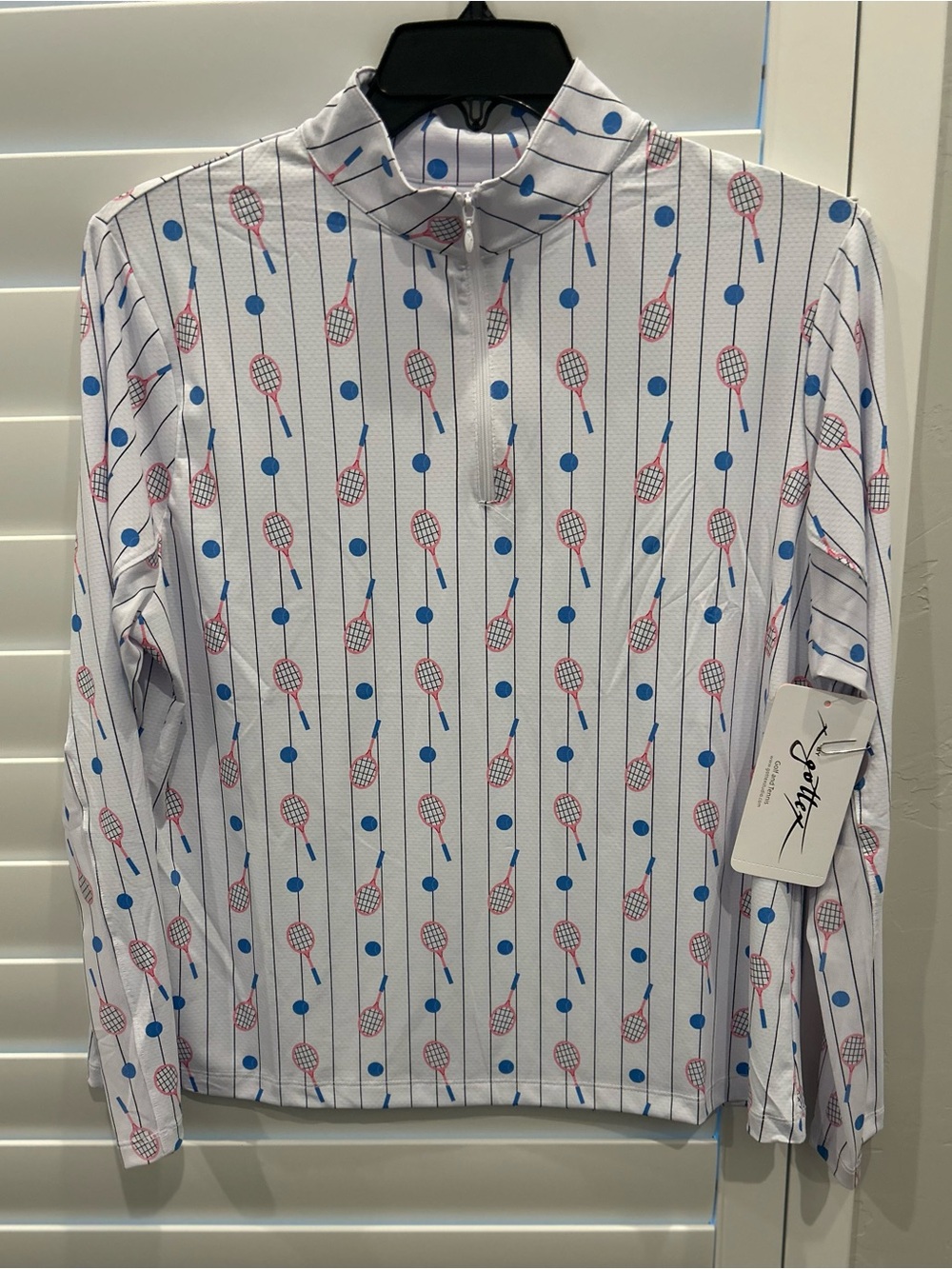 NWT Gottex White Long-Sleeve Zip Top with Blue Dot & Pink Tennis Racket Print-XL